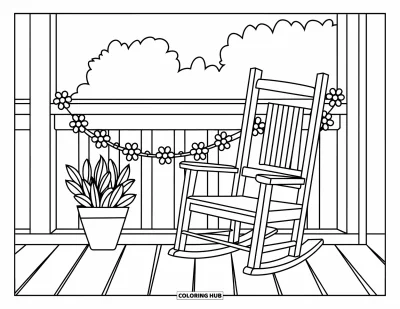 Coloriage de campagne pour enfants : Un petit rocking-chair et une plante en pot sur un porche décoré d'une guirlande de fleurs