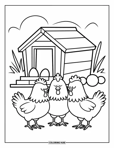 Coloriage de campagne pour enfants : Des poules bien au chaud qui se reposent près d'un poulailler avec quelques œufs épars