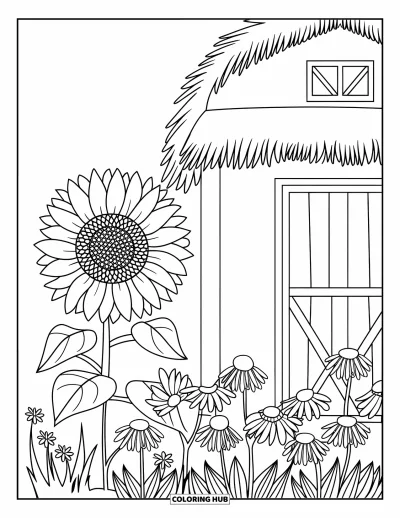 Coloriage de campagne pour enfants : Une grange au toit de chaume avec un tournesol et des fleurs qui s'épanouissent près de la porte