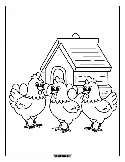 Coloriage de campagne pour enfants : Trois poules bien au chaud près d'un simple poulailler et quelques œufs