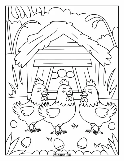 Coloriage de campagne pour enfants : Trois poules tranquilles près d'un poulailler, des œufs et des plantes