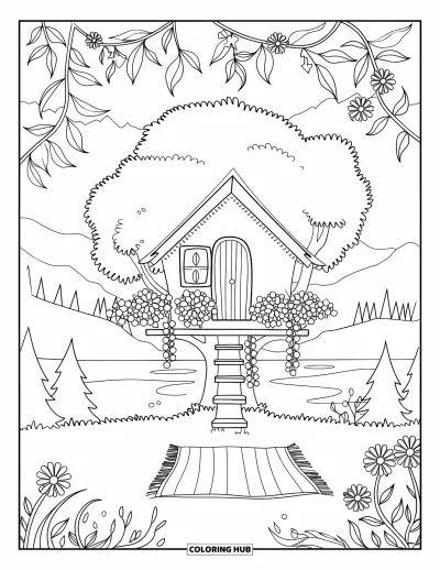 Coloriage de campagne pour enfants : Une cabane dans les arbres enveloppée de lianes avec une couverture de pique-nique dessous et une vue paisible
