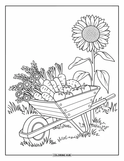 Coloriage de campagne pour enfants : Une brouette remplie de légumes avec des marguerites et un tournesol dans un environnement herbeux