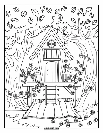 Coloriage de campagne pour enfants : Une cabane dans les arbres couverte de vignes avec une échelle et une couverture de pique-nique sous des arbres feuillus