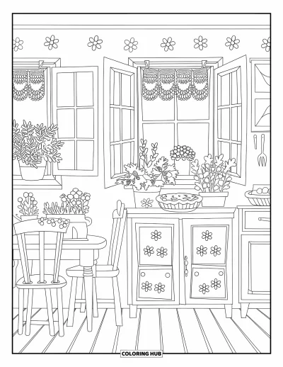Coloriage de campagne pour enfants : Une cuisine chaleureuse avec des herbes aromatiques, une tarte et des motifs floraux sur les rideaux et les murs