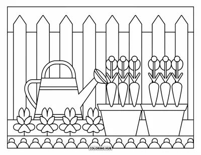 Coloriage de campagne pour enfants : Un arrosoir, des pots de fleurs et des carottes qui poussent derrière une vieille clôture en bois