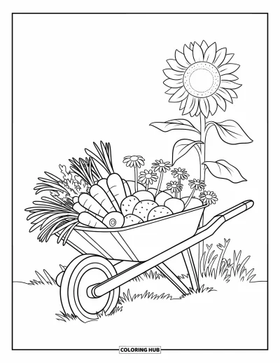 Coloriage de campagne pour enfants : Une brouette remplie de légumes et de marguerites se dresse à côté d'un tournesol en pleine floraison dans un champ