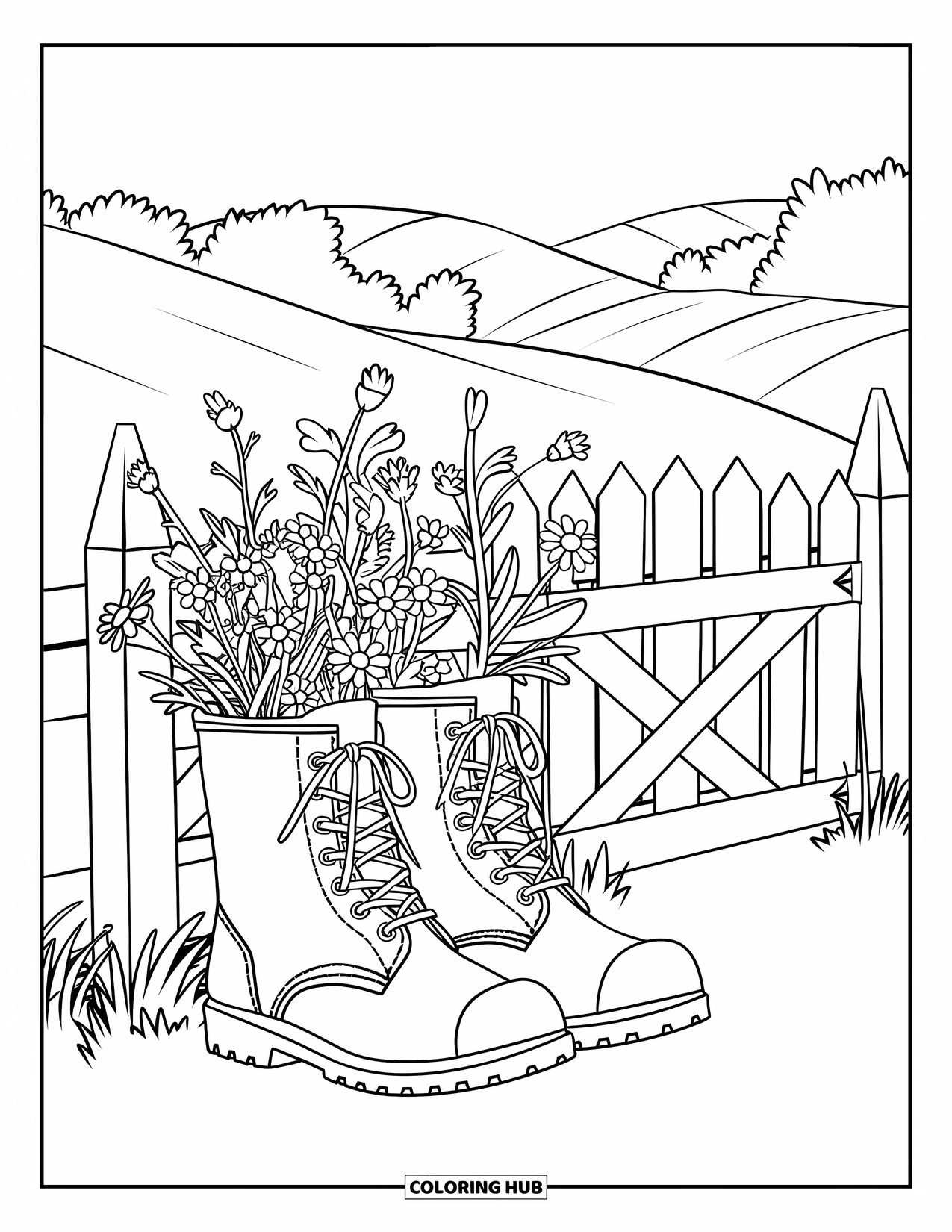 Country Coloring Page for Kids: Wildflowers in muddy boots by a garden gate with hills and trees nearby