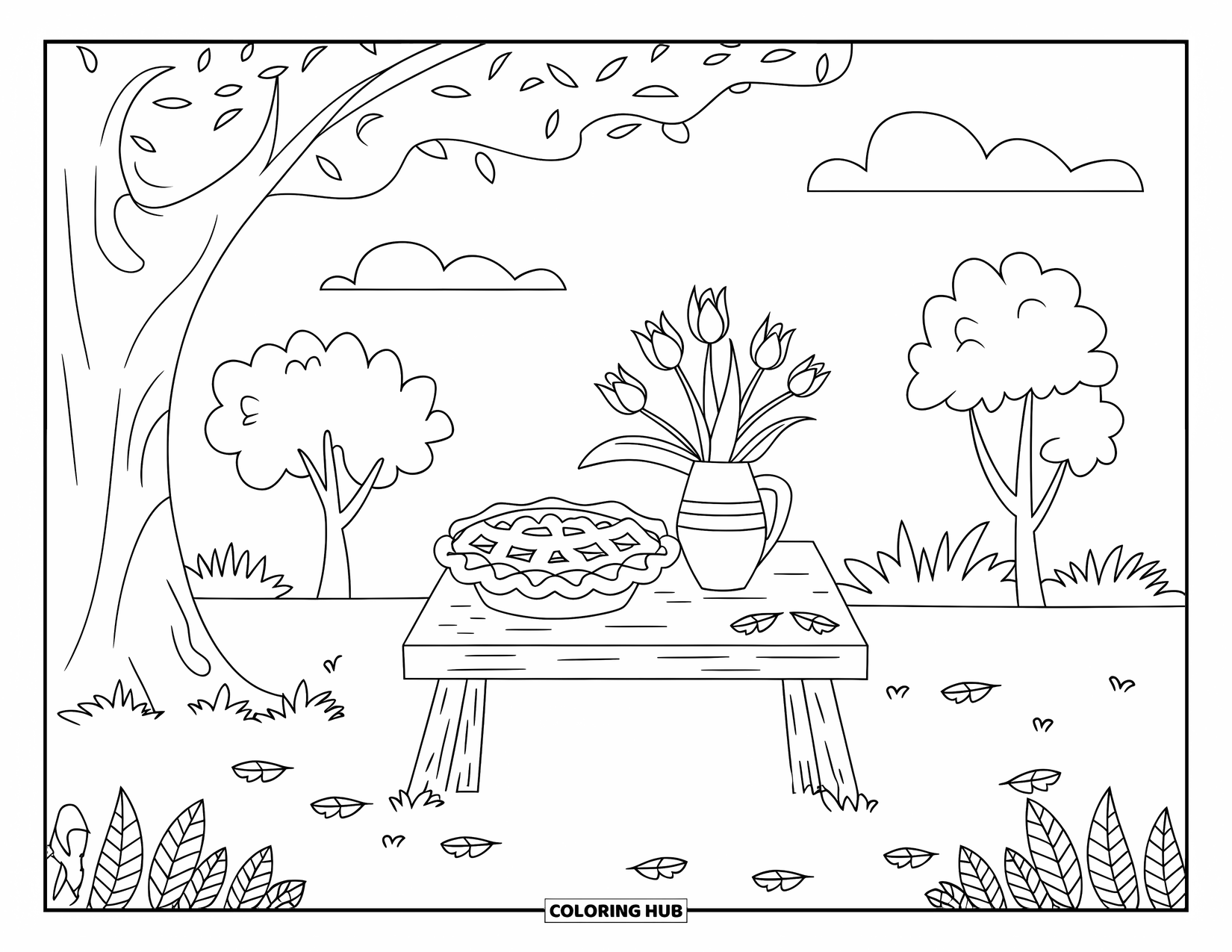Country Coloring Page for Kids: Wooden table with pie, tulips, and mugs under trees with fallen leaves