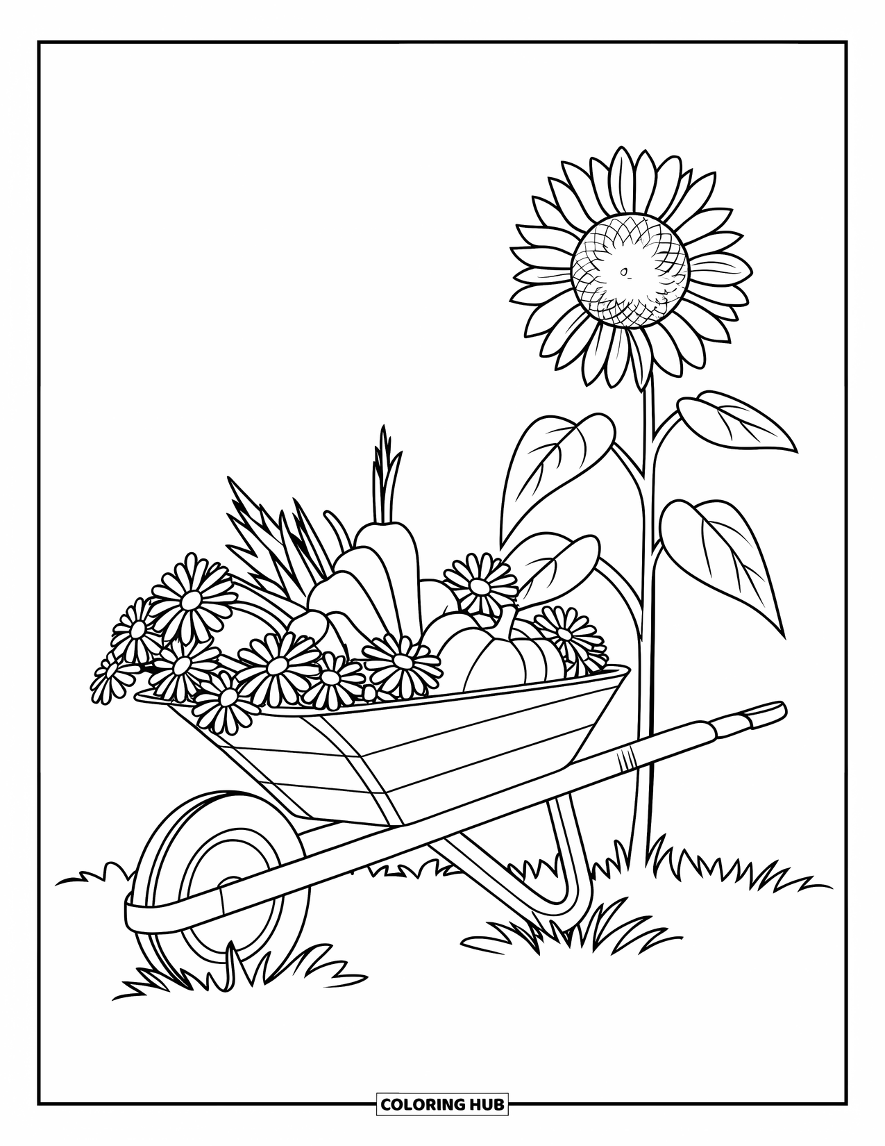 Country Coloring Page for Kids: Wooden wheelbarrow filled with veggies and daisies beside a tall sunflower