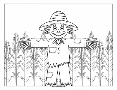 Coloriage de campagne pour enfants : Un vieil épouvantail se dresse au milieu d'un vaste champ de maïs