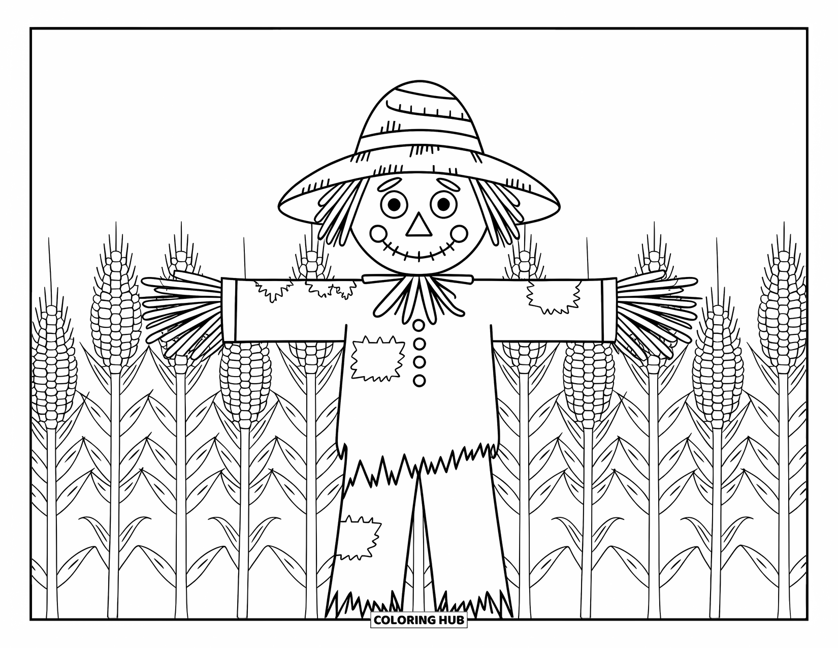 Country Coloring Page for Kids: Worn scarecrow stands in the middle of a stretching cornfield