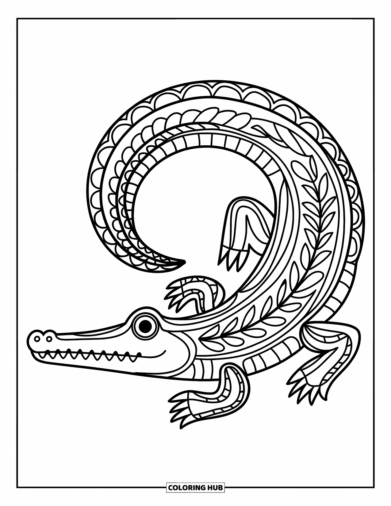 Desenho de crocodilo para colorir para adultos: Design circular de crocodilo apresenta escamas detalhadas e um olho redondo