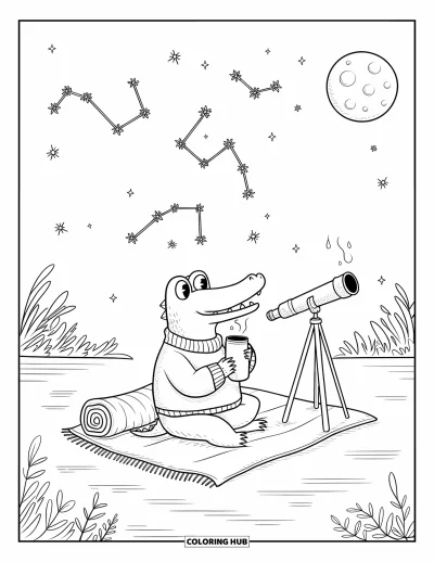 Coloriage de crocodile pour adultes : Un crocodile confortable regarde les constellations avec une boisson chaude et un télescope