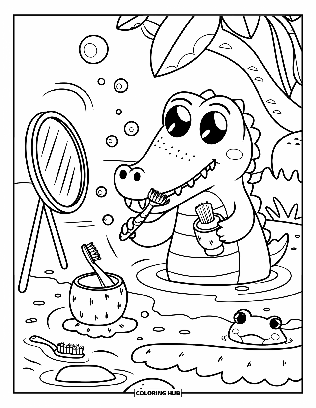 Desenho de crocodilo para colorir para adultos: Crocodilo escova os dentes com uma escova de bambu e um suporte em forma de sapo perto do rio
