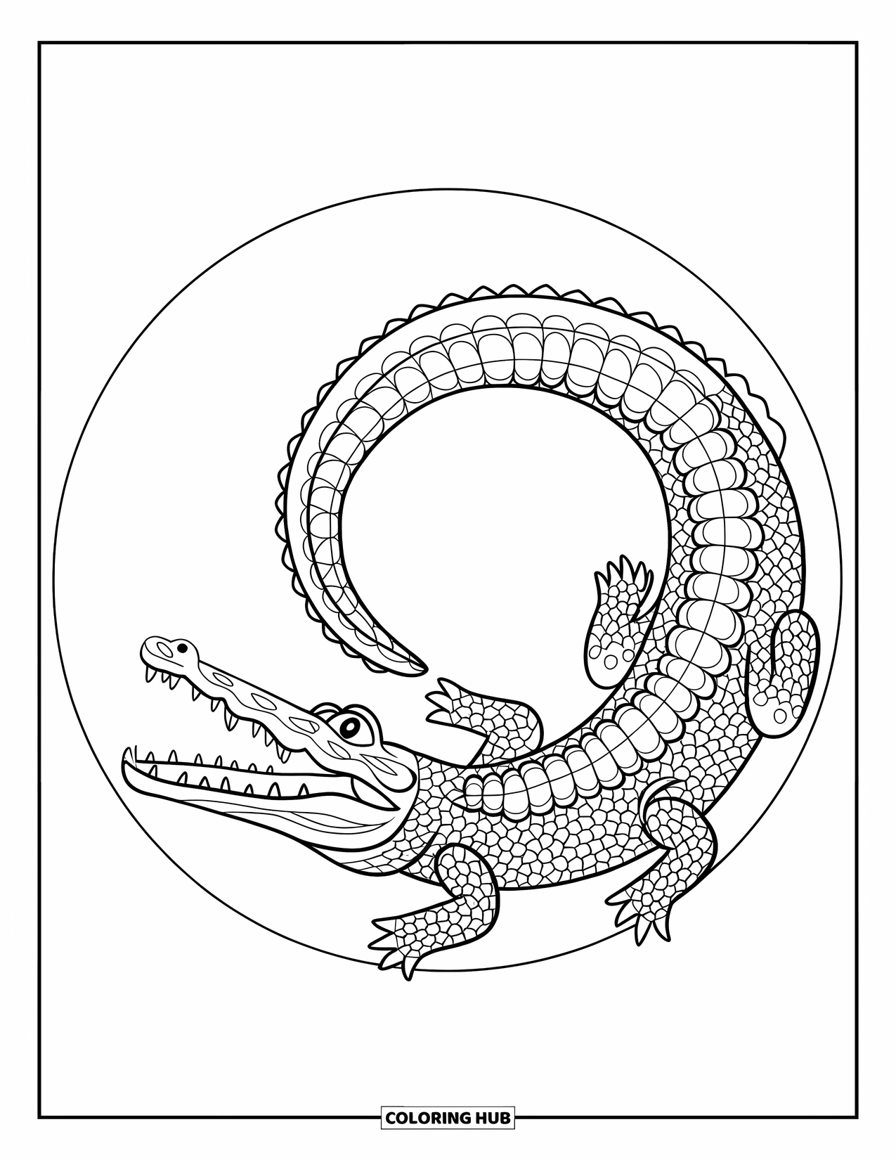 Desenho de crocodilo para colorir para adultos: Crocodilo enrolado em um círculo mostra escamas estampadas e boca aberta
