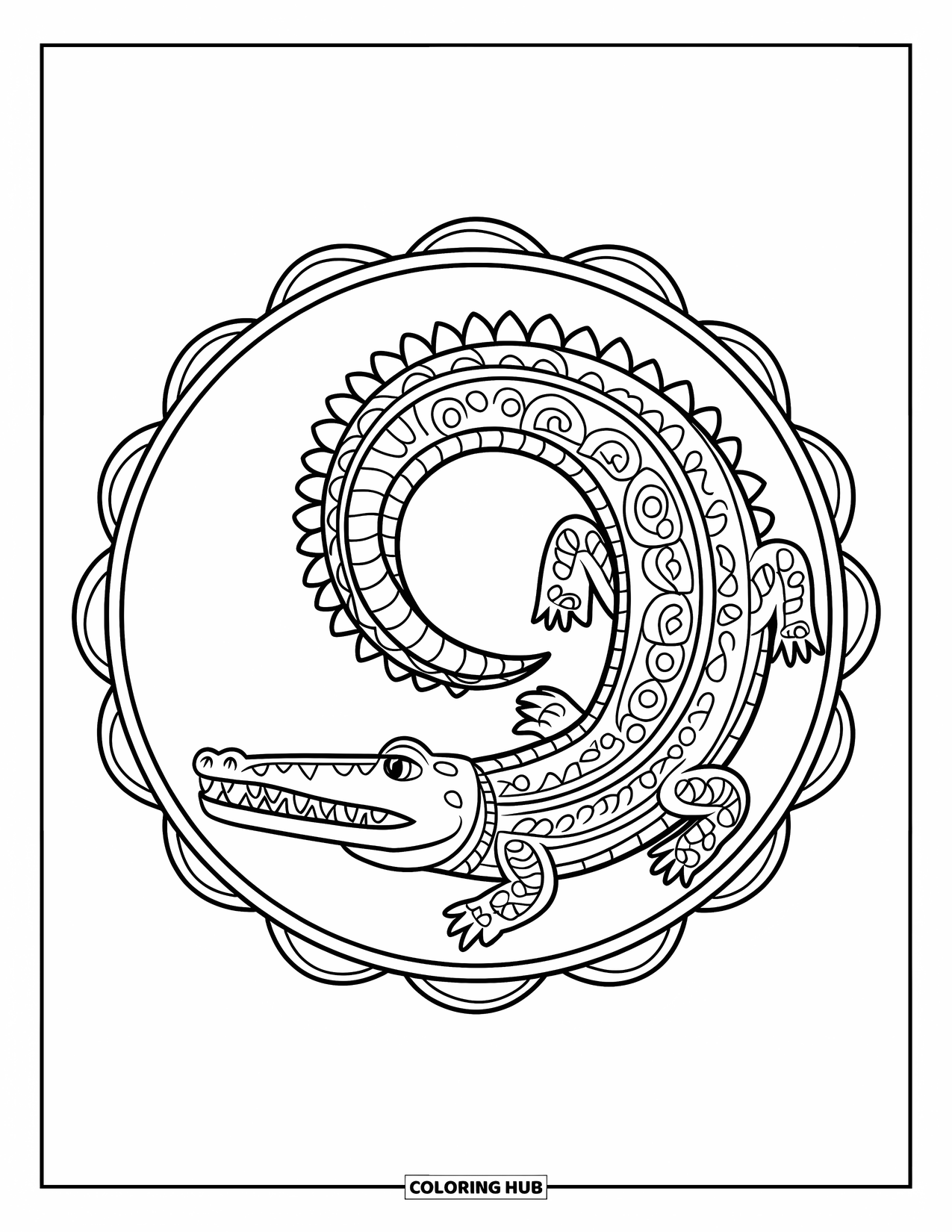 Desenho de crocodilo para colorir para adultos: Crocodilo se enrola em um círculo com detalhes e borda em estilo mandala