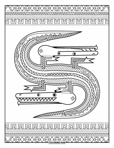 Coloriage de crocodile pour adultes : Un motif de crocodile se mélange à des formes tribales dans une disposition symétrique et riche en motifs