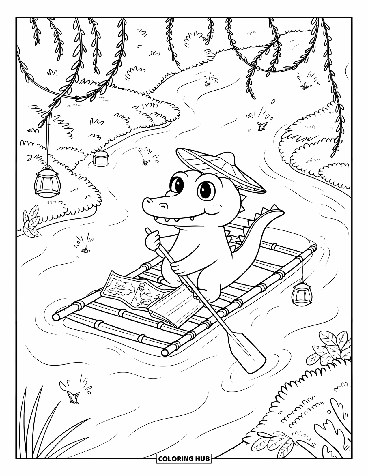 Desenho de crocodilo para colorir para adultos: Crocodilo flutua pacificamente em uma jangada com um chapéu de folha, vaga-lumes e vinhas penduradas
