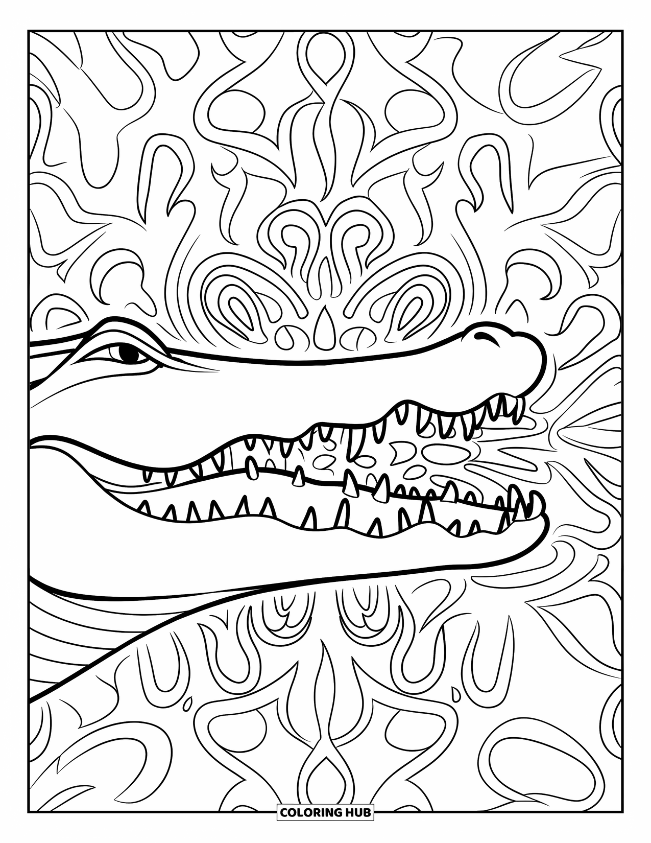 Desenho de crocodilo para colorir para adultos: Rosto de crocodilo com mandíbulas abertas é definido contra designs de fundo ornamentados e rodopiantes
