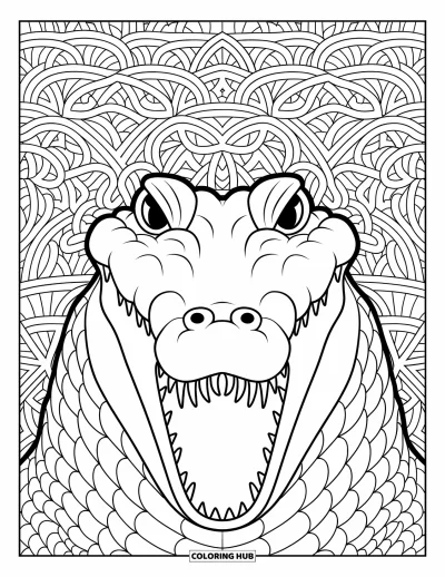 Coloriage de crocodile pour adultes : Un visage de crocodile avec des dents acérées se démarque sur des motifs tourbillonnants