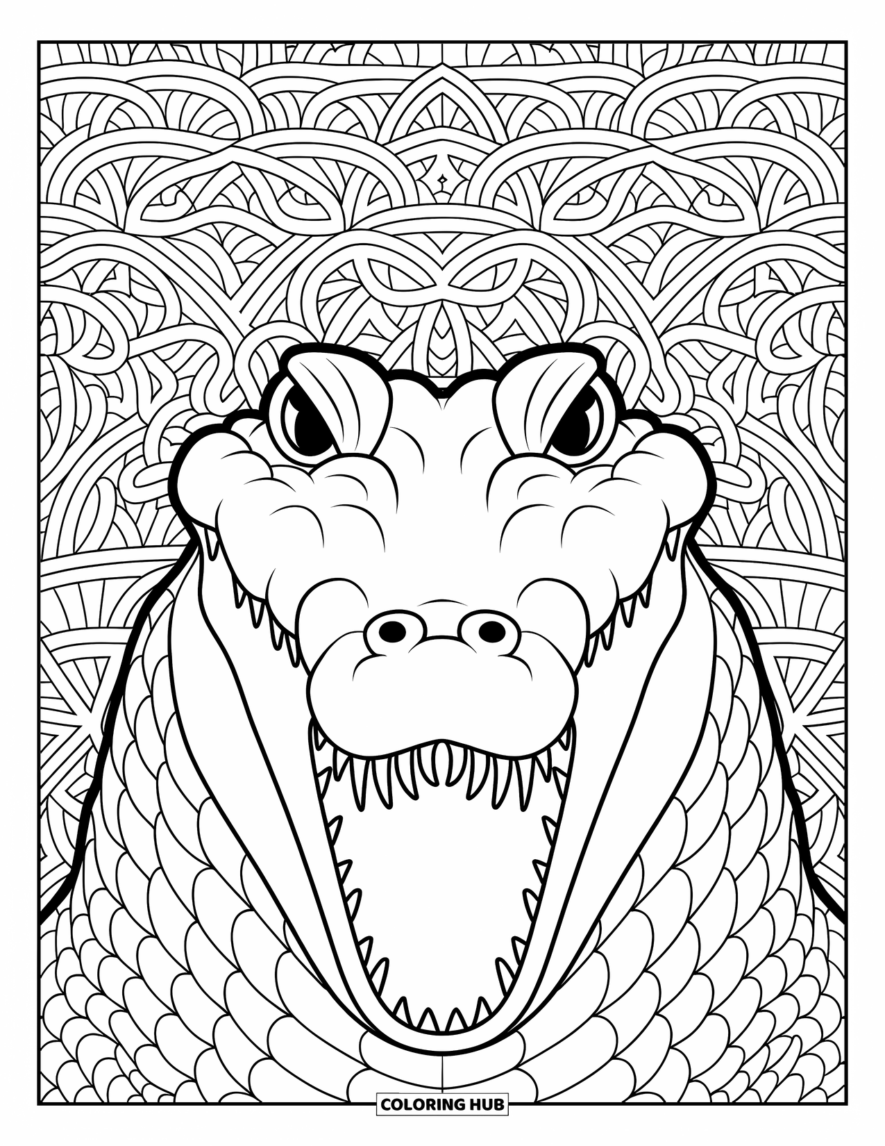 Desenho de crocodilo para colorir para adultos: Rosto de crocodilo com dentes afiados se destaca contra padrões rodopiantes