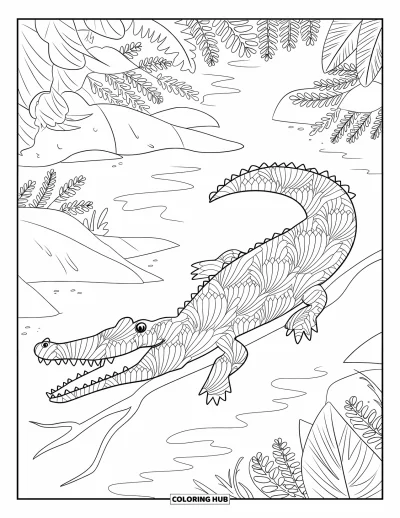 Coloriage de crocodile pour adultes : Un crocodile rempli de motifs de rivière est allongé sur une branche au-dessus de l’eau