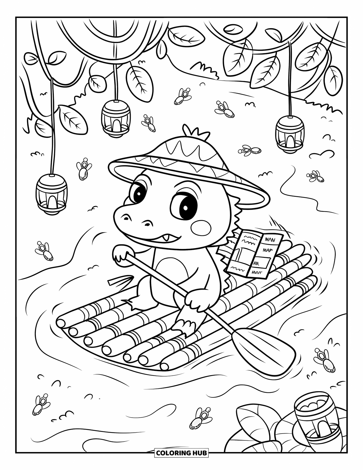 Desenho de crocodilo para colorir para adultos: Crocodilo flutua em uma jangada de bambu usando um chapéu de folha, cercado por lanternas e vaga-lumes
