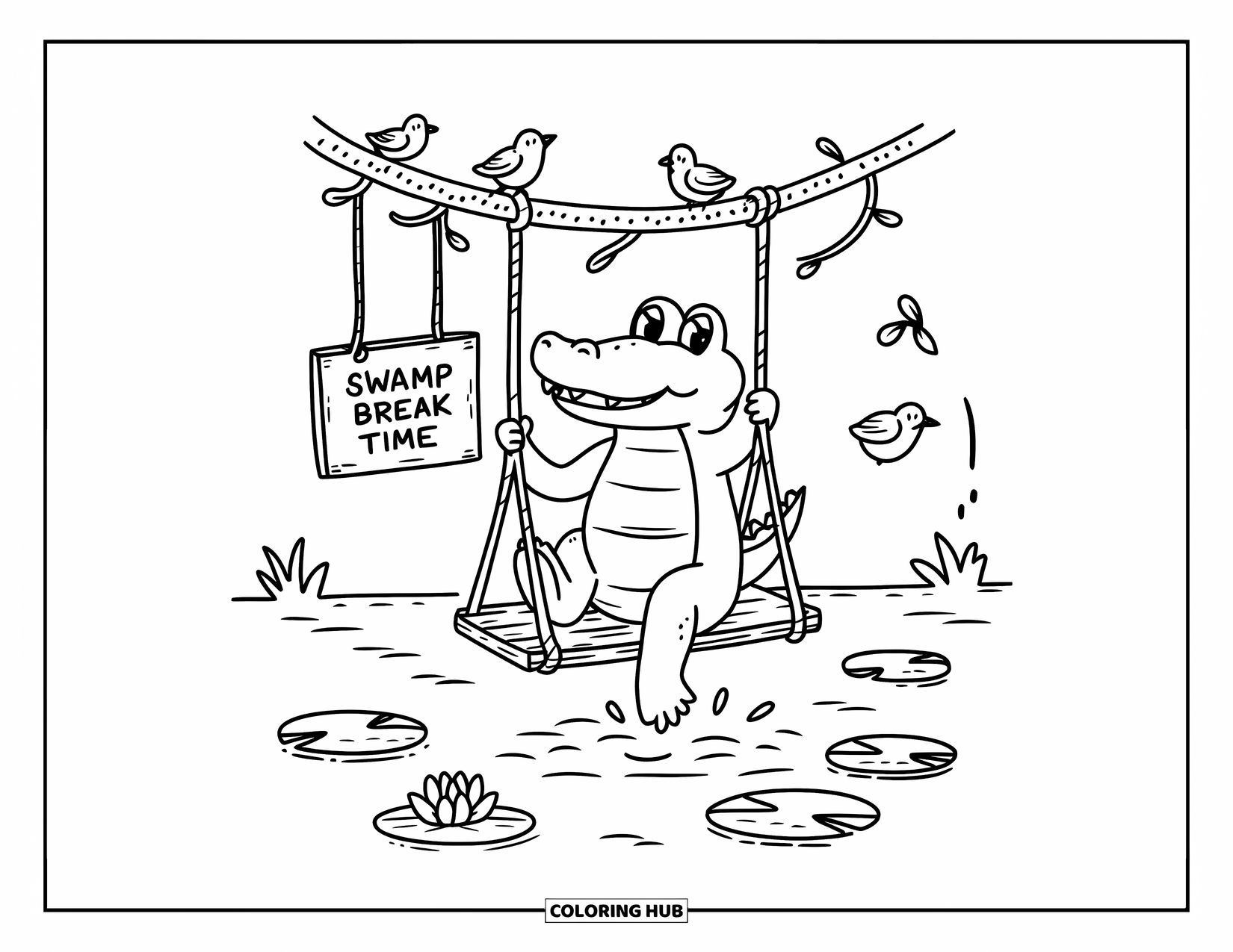 Desenho de crocodilo para colorir para adultos: Crocodilo balança suavemente sobre a água enquanto pássaros descansam e lírios flutuam abaixo