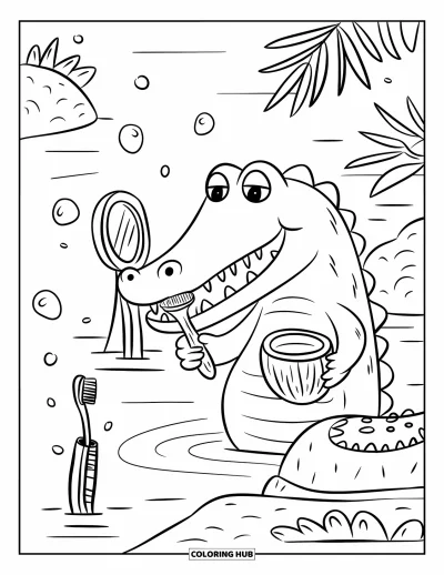 Coloriage Crocodile pour adultes : Un crocodile se brosse joyeusement les dents à côté d’un miroir en pierre et de douces bulles de rivière