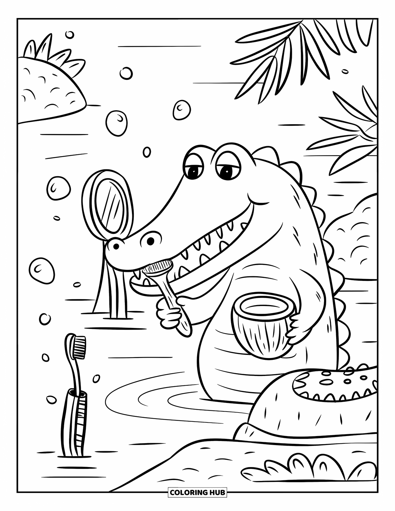 Desenho de Crocodilo para Colorir para Adultos: Crocodilo escova alegremente os dentes ao lado de um espelho de pedra e bolhas suaves do rio