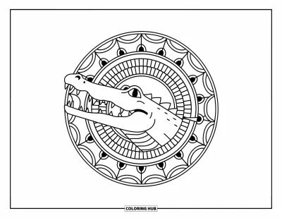 Coloriage de crocodile pour adultes : Une tête de crocodile émerge d’un mandala circulaire avec des feuilles et des écailles répétées