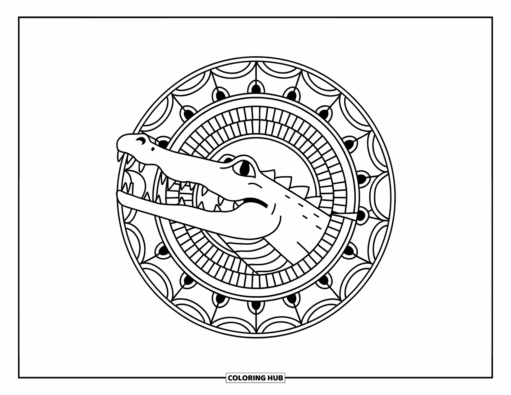 Desenho de crocodilo para colorir para adultos: Cabeça de crocodilo emerge de uma mandala circular com folhas e escamas repetidas