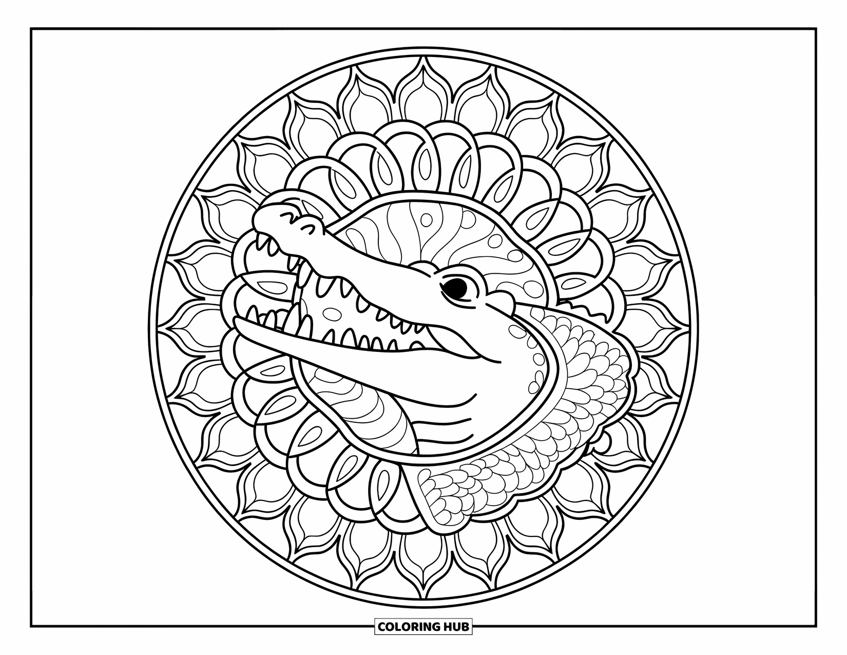 Desenho de crocodilo para colorir para adultos: Cabeça de crocodilo espreita de uma mandala preenchida com padrões folhosos semelhantes a escamas