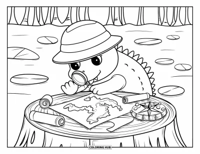 Coloriage de crocodile pour adultes : Un crocodile dans une forêt marécageuse étudie une carte au trésor avec des parchemins et une boussole en galet