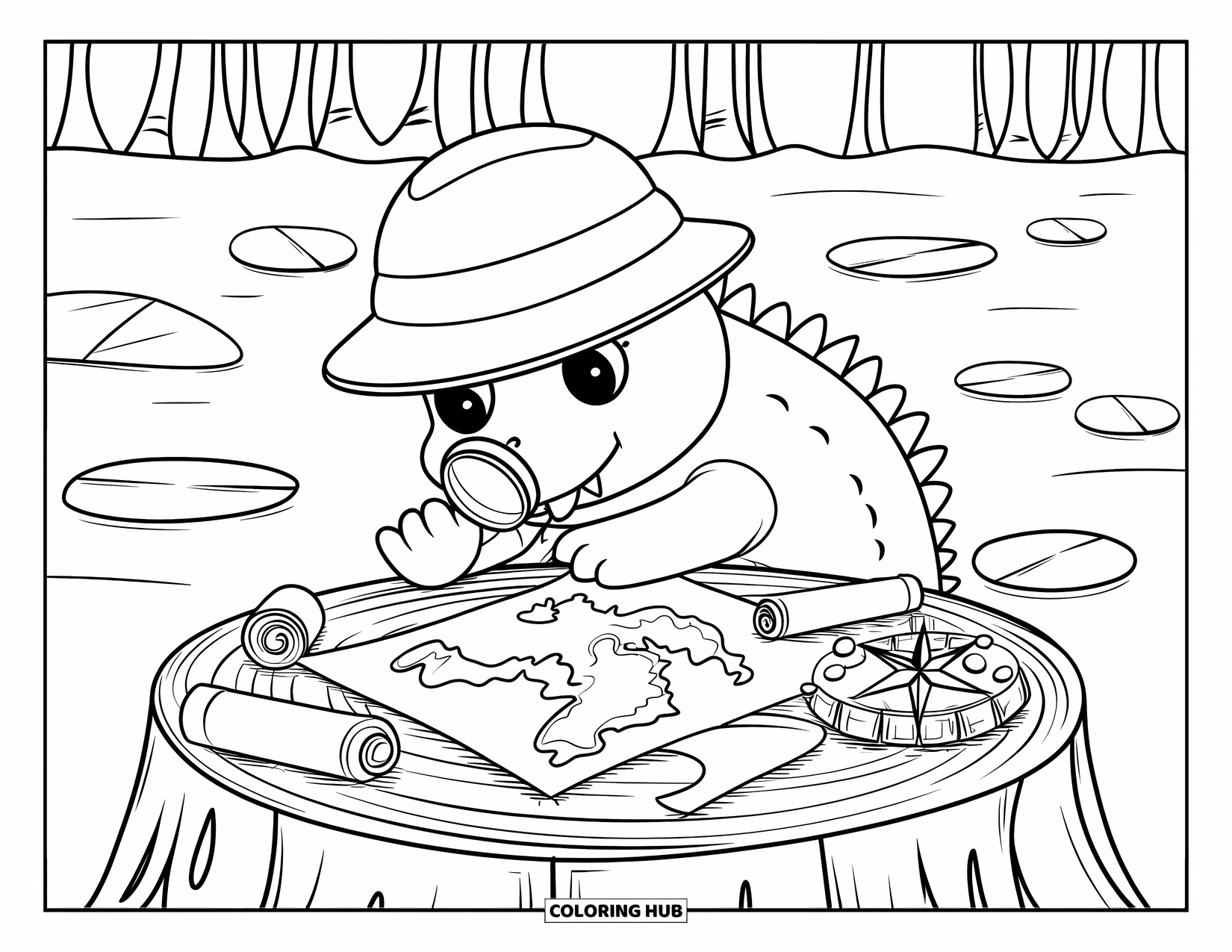 Desenho de crocodilo para colorir para adultos: Crocodilo em uma floresta pantanosa estuda um mapa do tesouro com pergaminhos e uma bússola de seixo