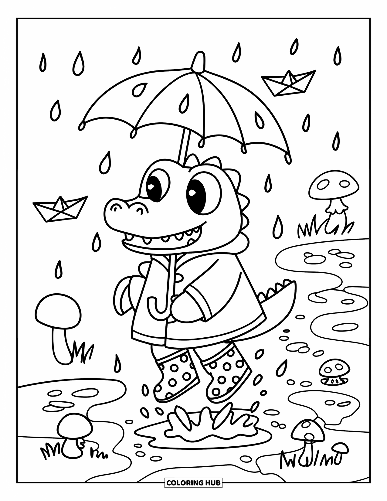 Desenho de crocodilo para colorir para adultos: Crocodilo de botas pula em poças com gotas de chuva, cogumelos e barquinhos de papel ao redor