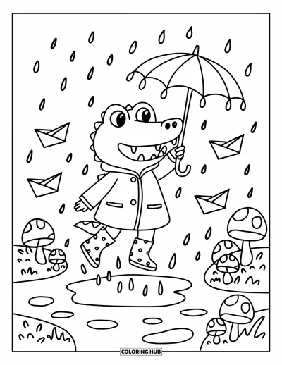 Coloriage de crocodile pour adultes : Un crocodile saute dans une flaque d’eau portant des bottes de pluie et un parapluie en forme de feuille