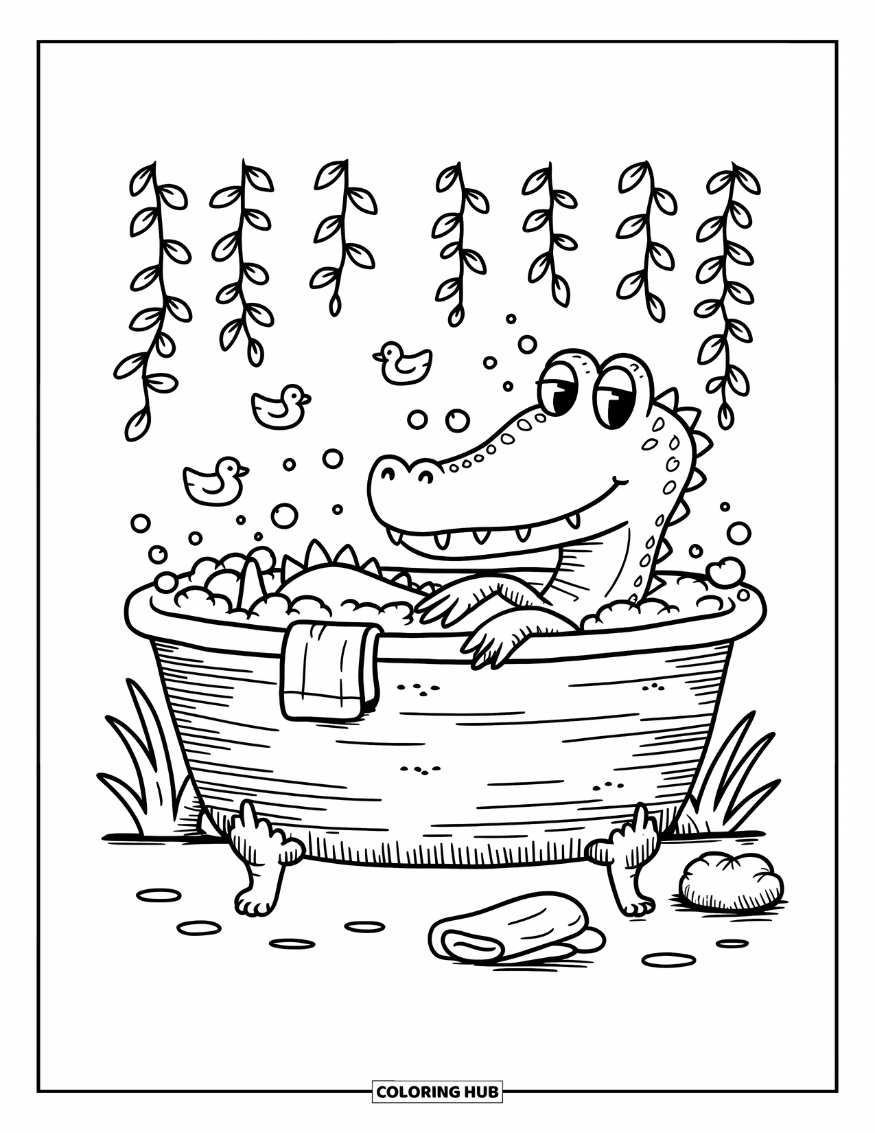 Desenho de Crocodilo para Colorir para Adultos: Crocodilo relaxa em um banho de espuma com patinhos de borracha e uma toalha dobrada por perto