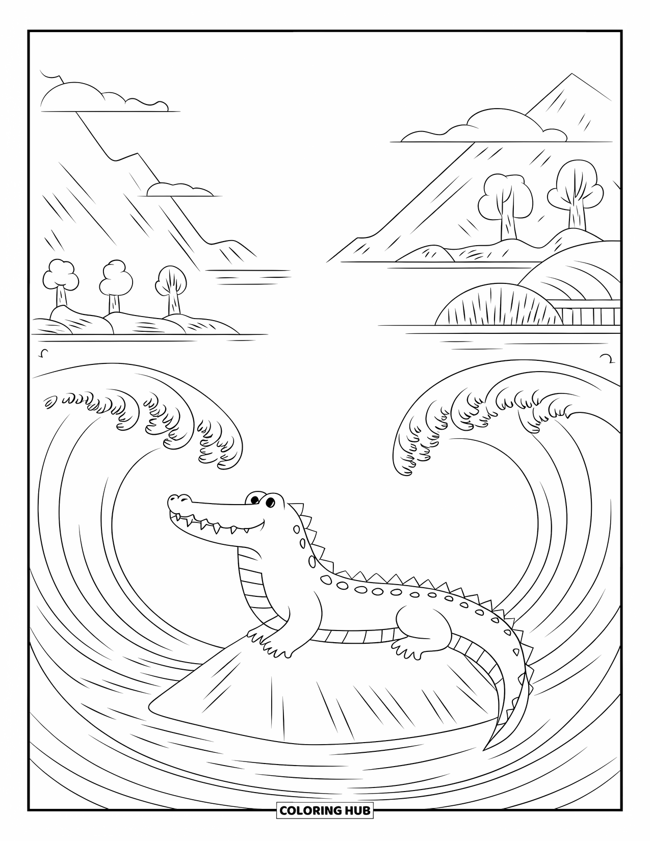 Desenho de crocodilo para colorir para adultos: Crocodilo em uma rocha é cercado por ondas, montanhas, árvores e uma ponte