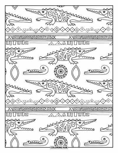 Coloriage de crocodile pour adultes : Des motifs de crocodile sont tissés dans des formes tribales et géométriques répétées
