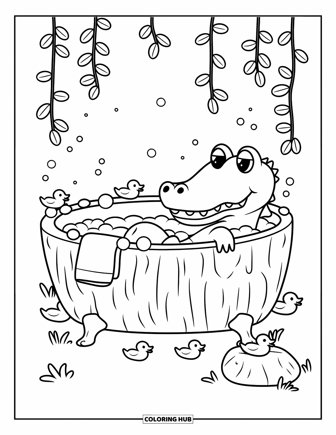 Desenho de Crocodilo para Colorir para Adultos: Crocodilo relaxa em uma banheira de tronco borbulhante com patinhos de borracha e cipós pendurados
