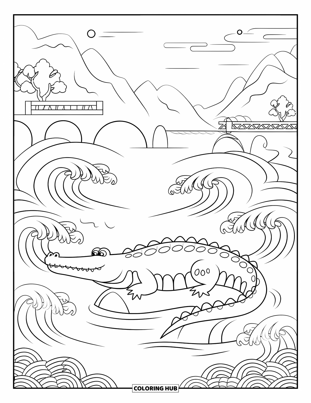 Desenho de crocodilo para colorir para adultos: Crocodilo relaxa em uma rocha em ondas rodopiantes com montanhas e uma ponte atrás