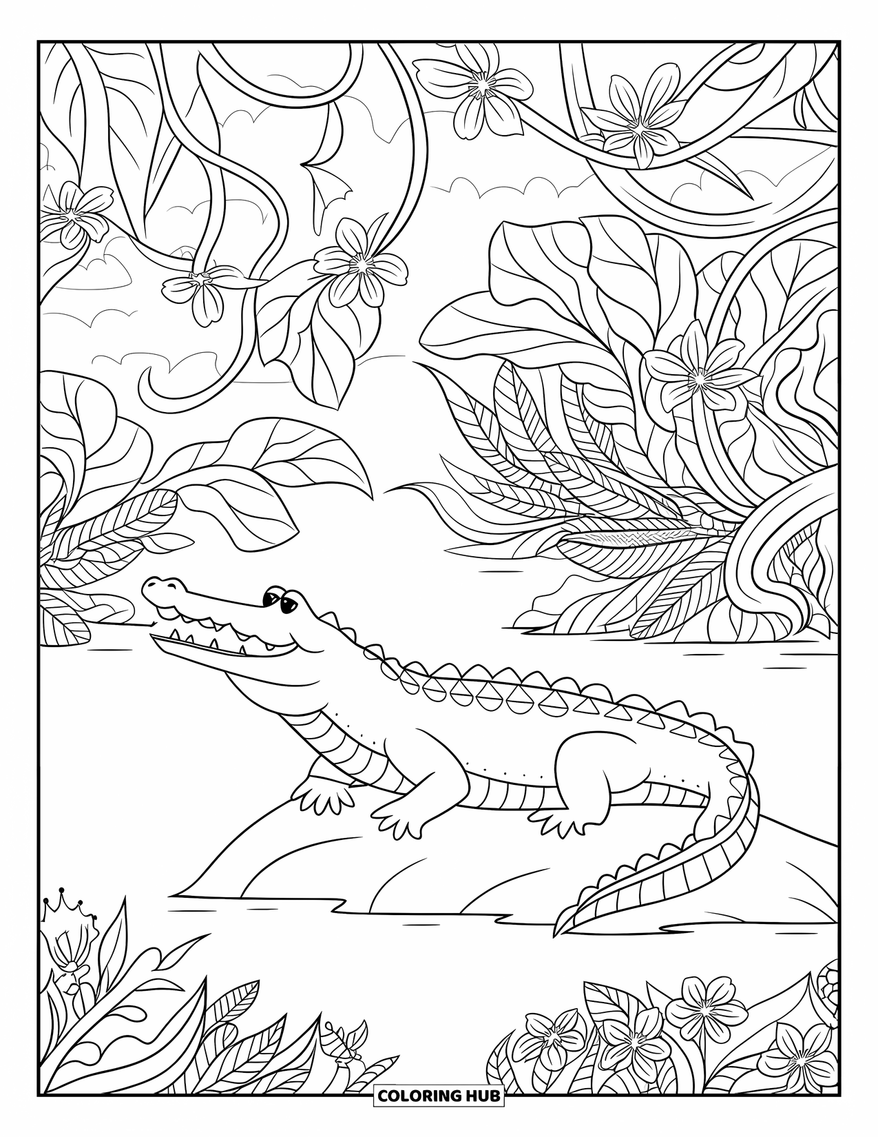 Desenho de crocodilo para colorir para adultos: Crocodilo descansa em uma rocha, cercado por grandes folhas e flores