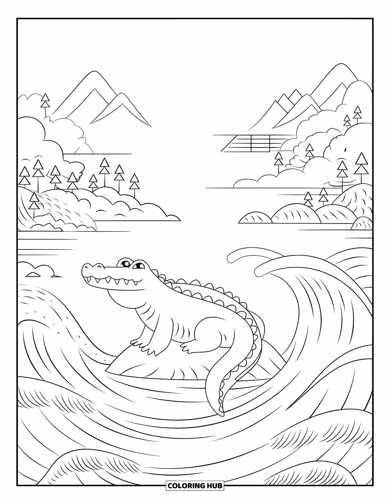 Desenho de crocodilo para colorir para adultos: Crocodilo descansa pacificamente em uma cena de rio com ondas rodopiantes e colinas distantes