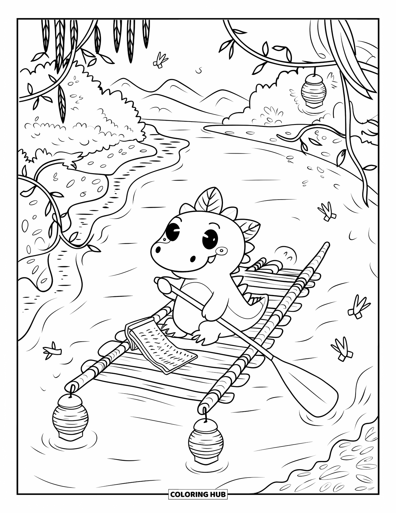 Desenho de Crocodilo para Colorir para Adultos: Crocodilo anda em uma jangada com um remo e um mapa, lanternas brilhantes iluminando o caminho