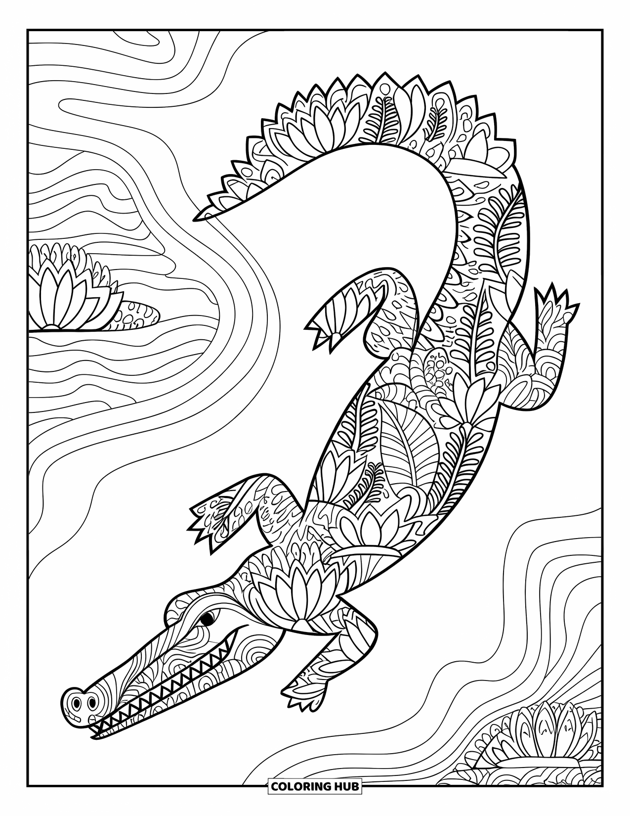 Desenho de crocodilo para colorir para adultos: Silhueta de crocodilo é preenchida com padrões de lótus, samambaia e rio ondulado