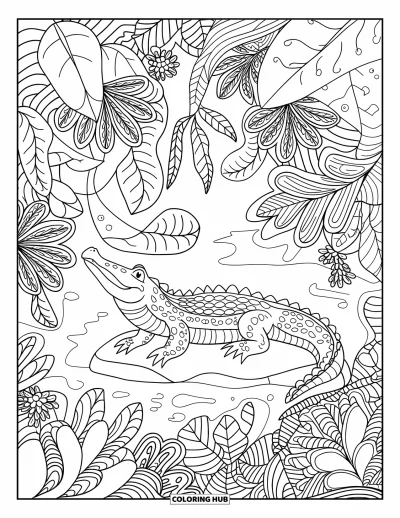 Coloriage de crocodile pour adultes : Un crocodile est assis au centre d’une jungle florale entourée de vignes sinueuses