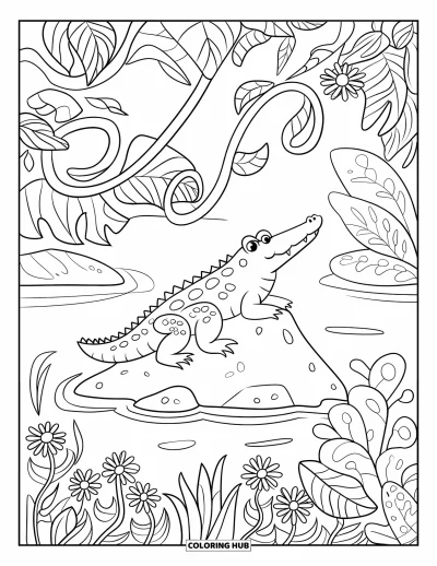 Coloriage de crocodile pour adultes : Un crocodile est assis sur un rocher parmi les vignes de la jungle et les motifs floraux