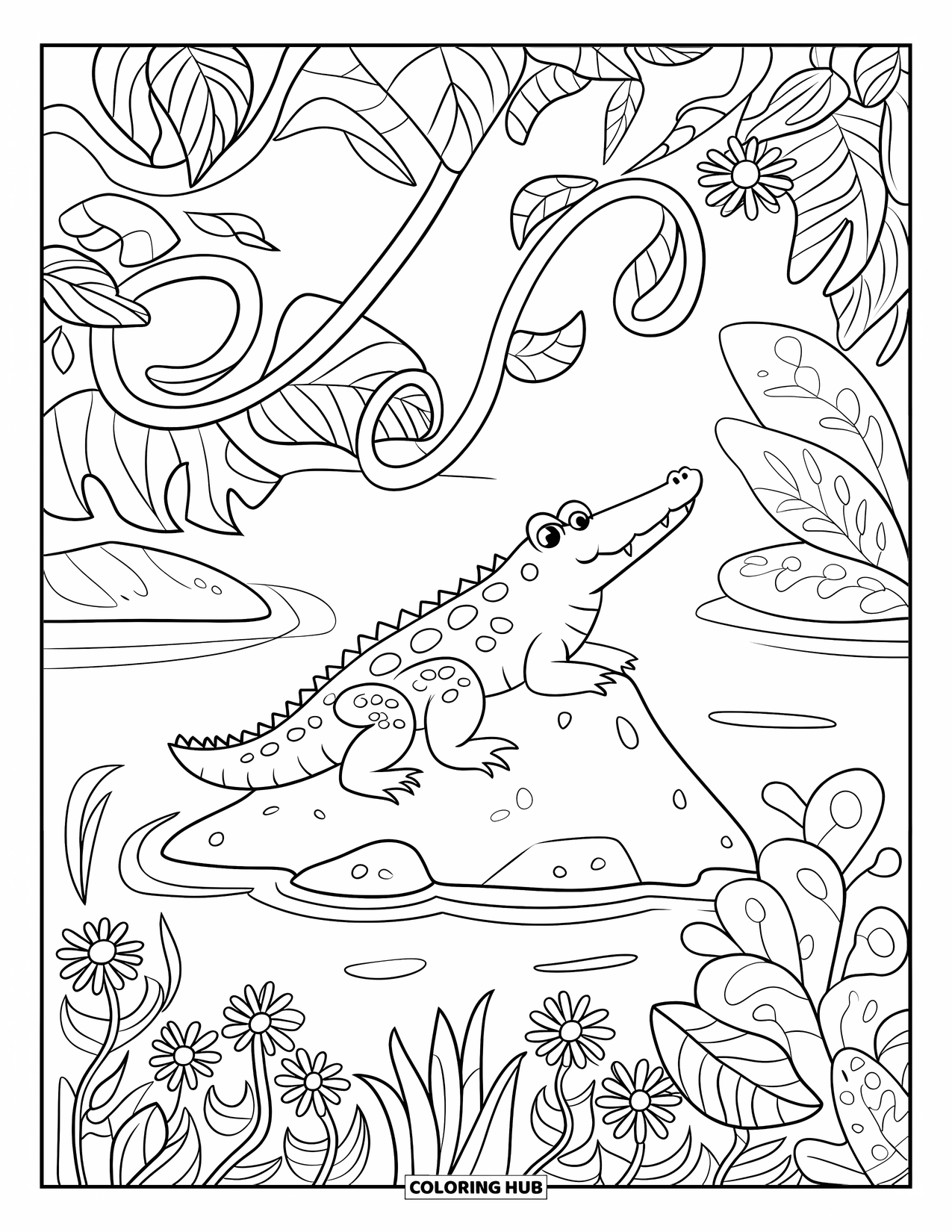 Desenho de crocodilo para colorir para adultos: Crocodilo senta-se em uma rocha entre vinhas da selva e padrões florais